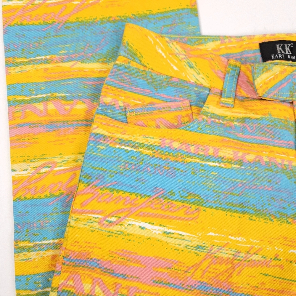 Karl Kani Vintage 90s NWT Turquoise Yellow Flare Denim Jeans 28 Small - Picture 15 of 16